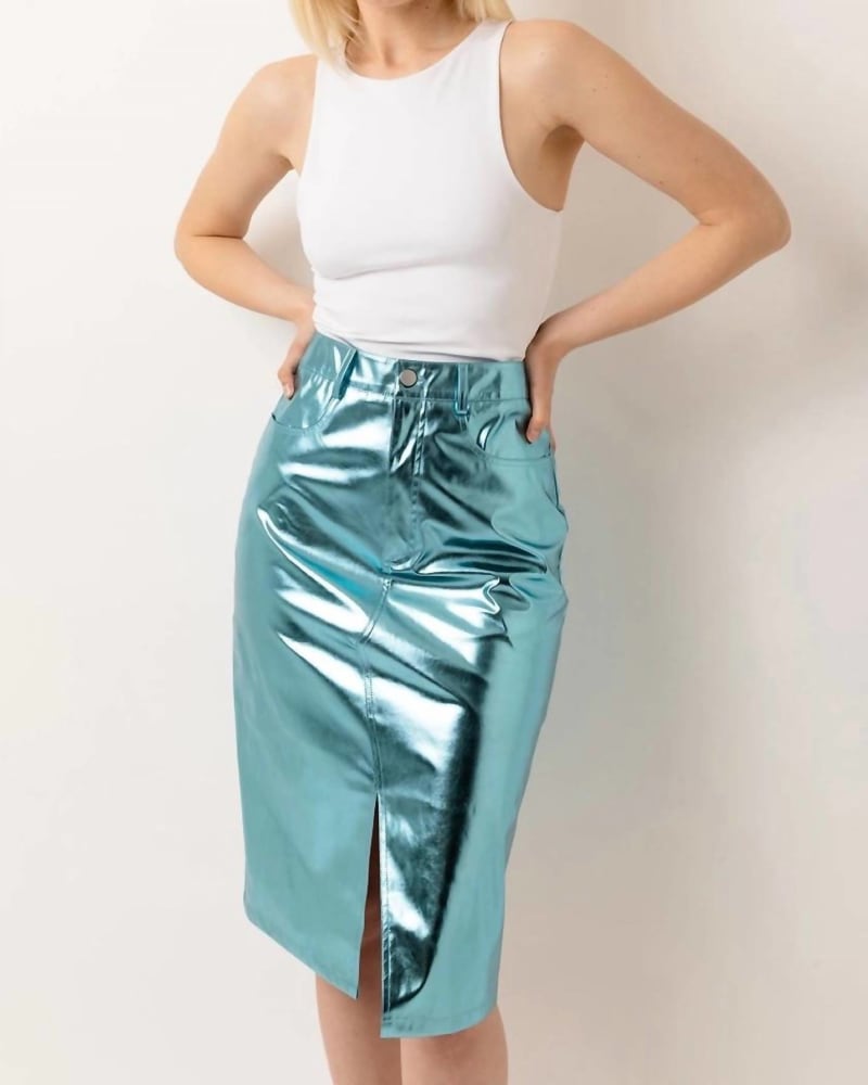 Front of a model wearing a size Large Lupe Metallic Pencil Skirt In Ice Blue in Ice Blue by AMYLYNN. | dia_product_style_image_id:347648